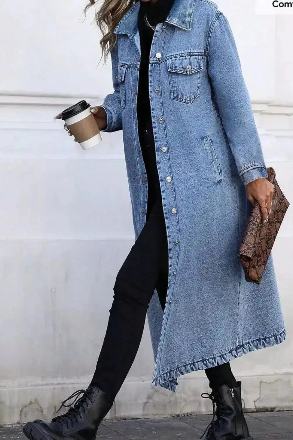 Women’s longline denim jacket by Plush Fashion Hub, button front with structured cotton blend outerwear.