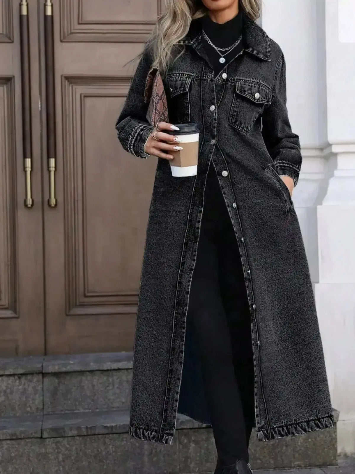 Women’s longline denim jacket with button front, structured cotton blend outerwear by Plush Fashion Hub.