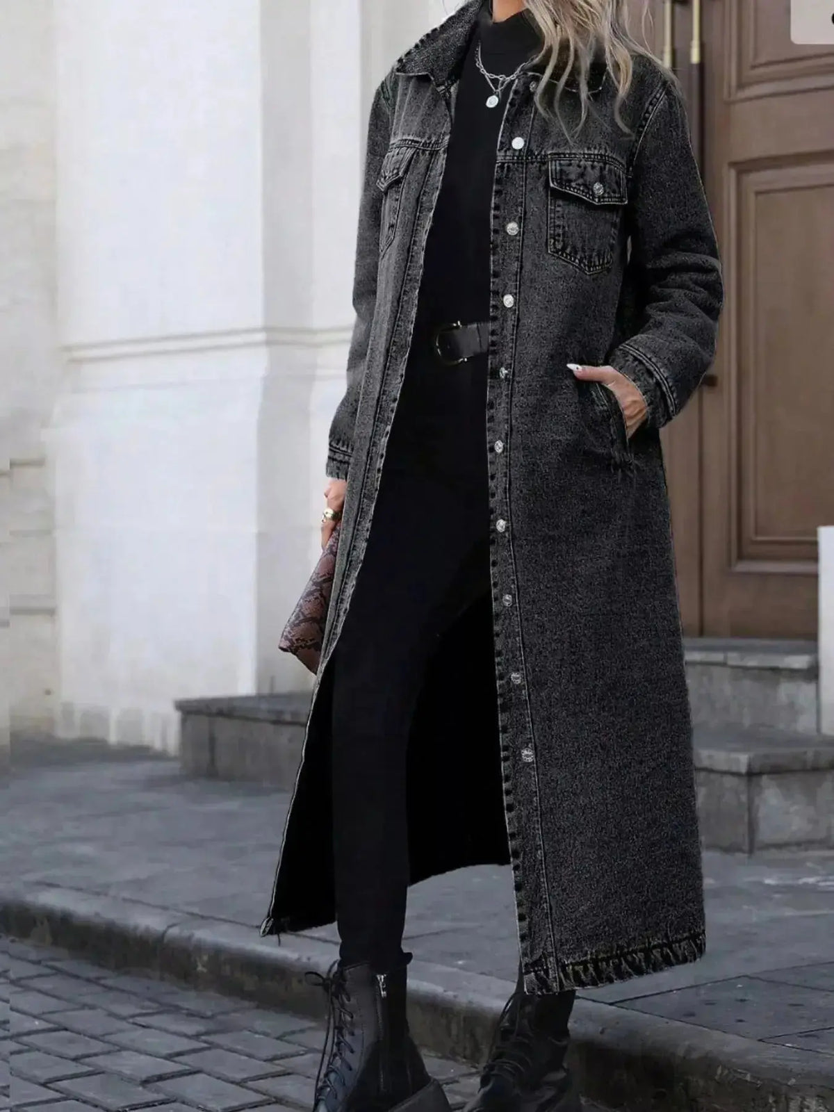 Women’s longline denim jacket with button front, structured cotton blend outerwear by Plush Fashion Hub, casual and stylish.