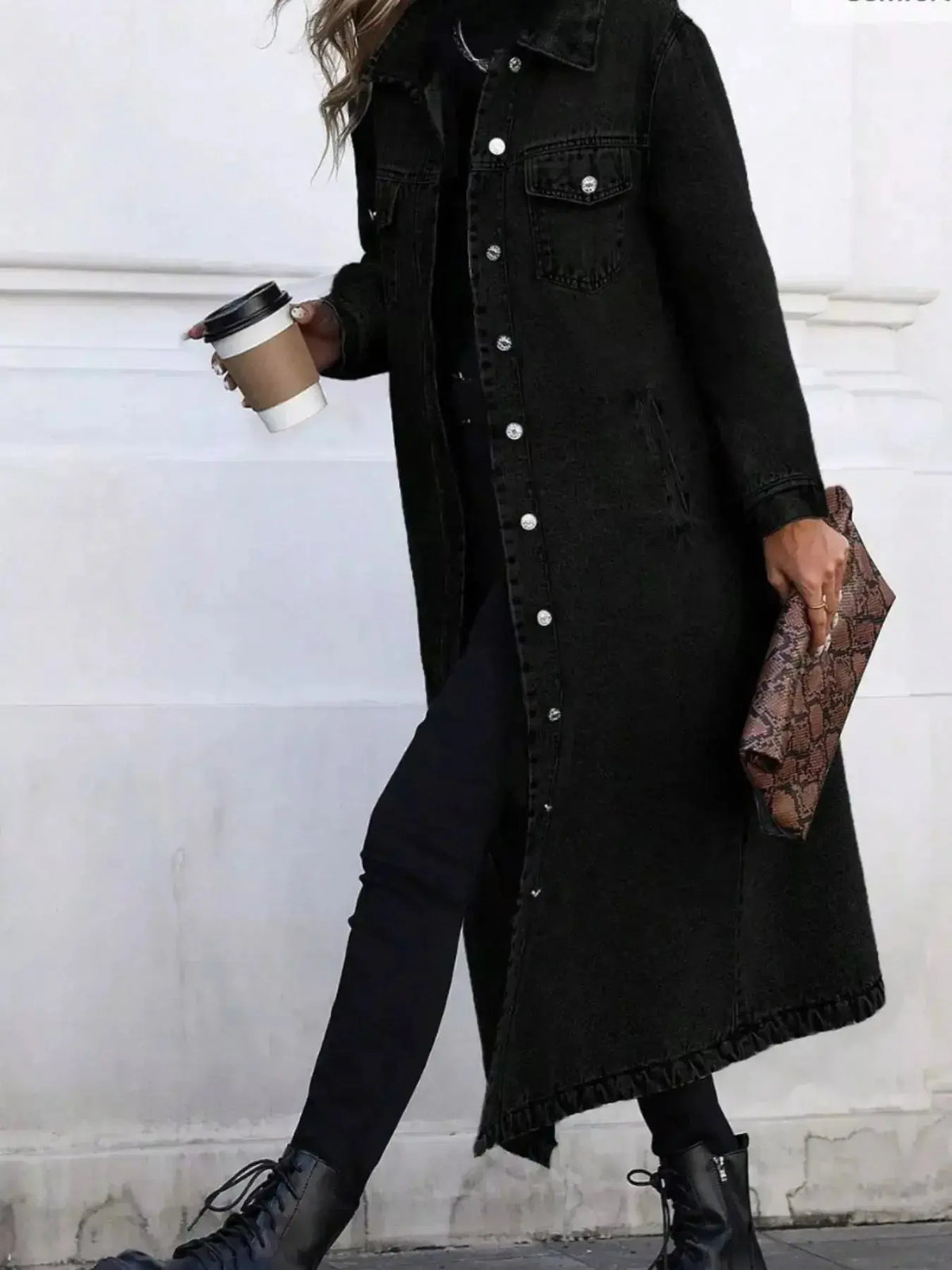 Women’s longline denim jacket with button front and structured cotton blend outerwear, stylish and versatile by Plush Fashion Hub.