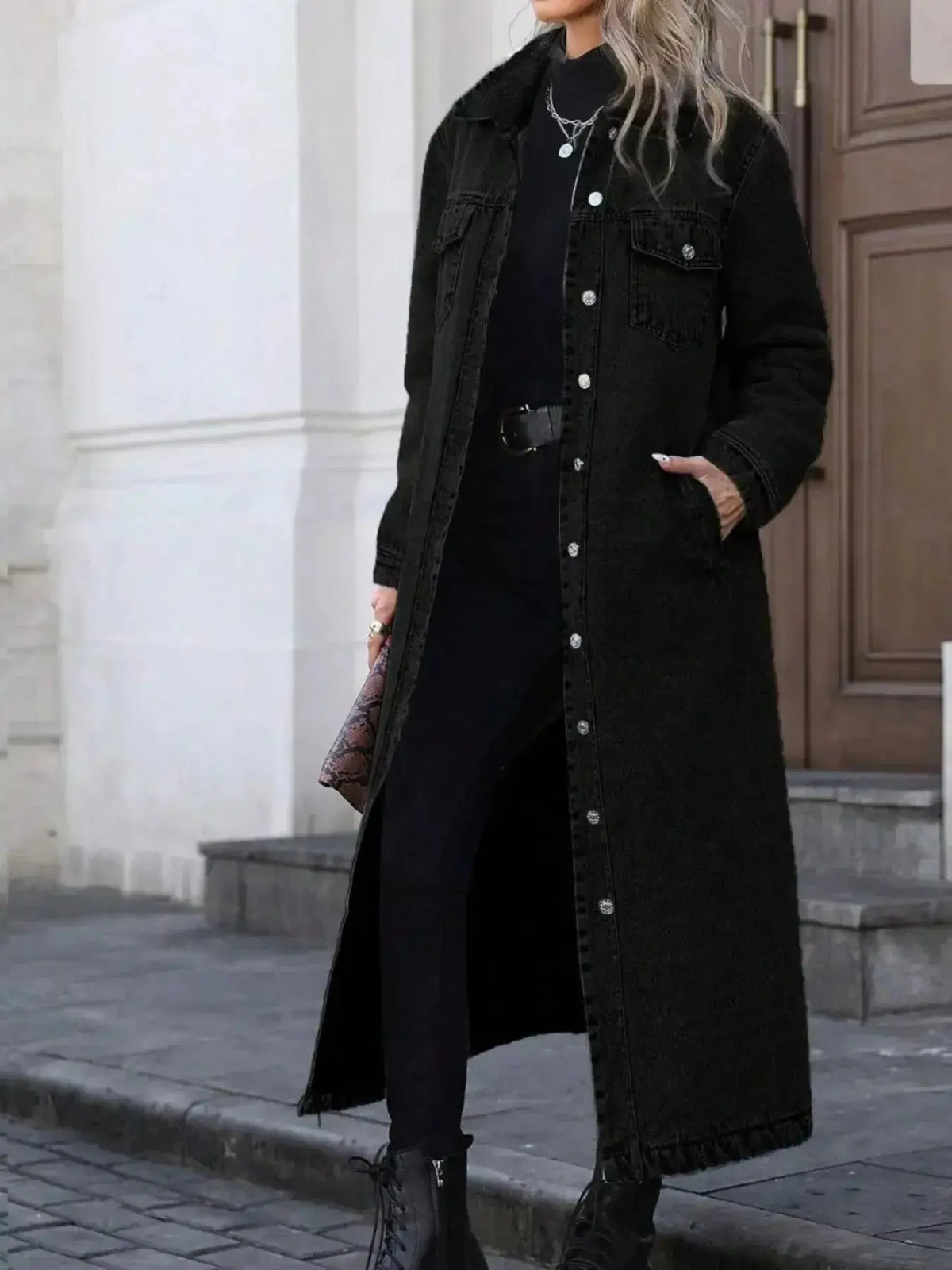 Women’s longline button front denim jacket by Plush Fashion Hub, structured cotton blend outerwear with classic denim style.