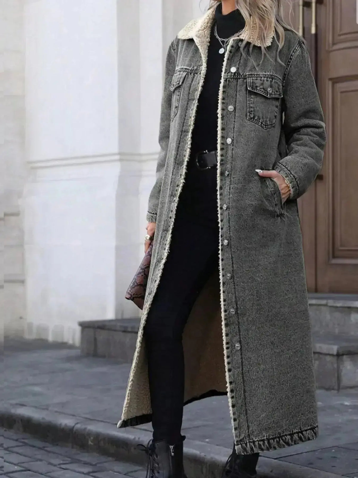 Women’s longline denim jacket with cozy sherpa lining, stylish fall and winter outerwear by Plush Fashion Hub.