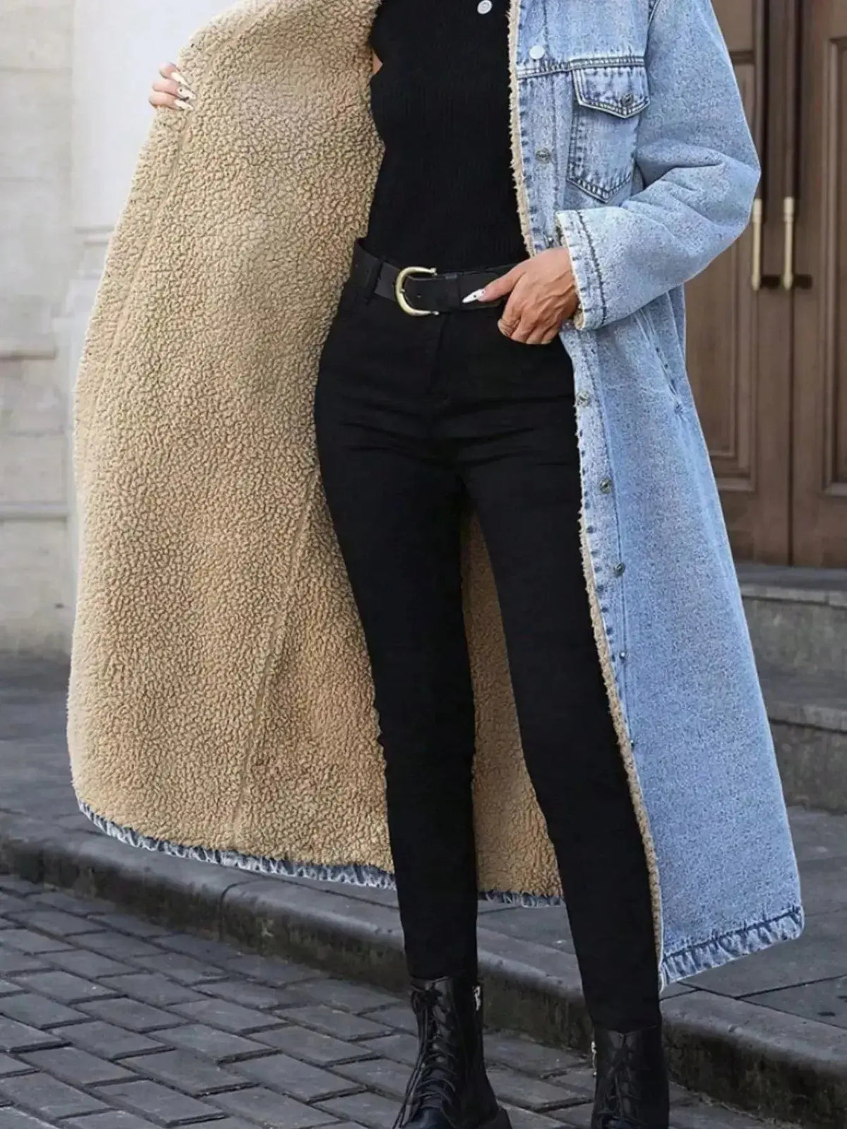 Women’s longline denim jacket with plush sherpa lining, cozy fall and winter outerwear by Plush Fashion Hub.