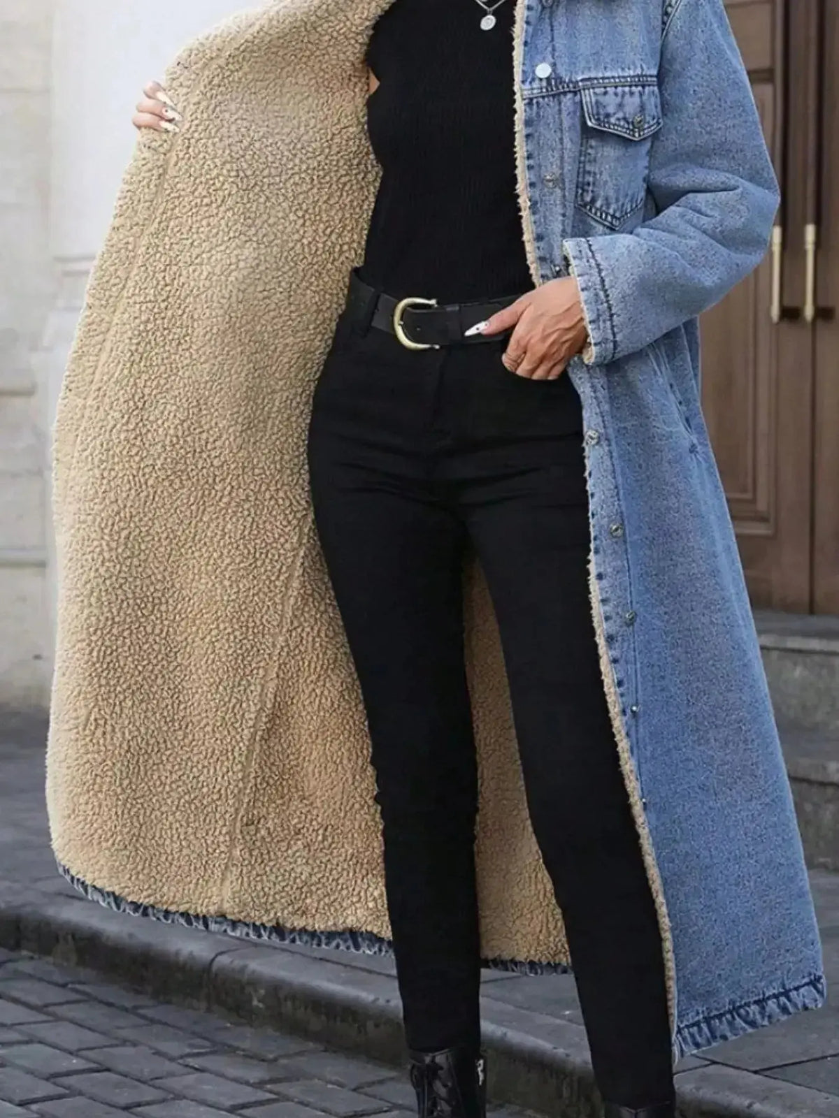Women’s longline denim jacket by Plush Fashion Hub with cozy sherpa lining, perfect for fall and winter outerwear.