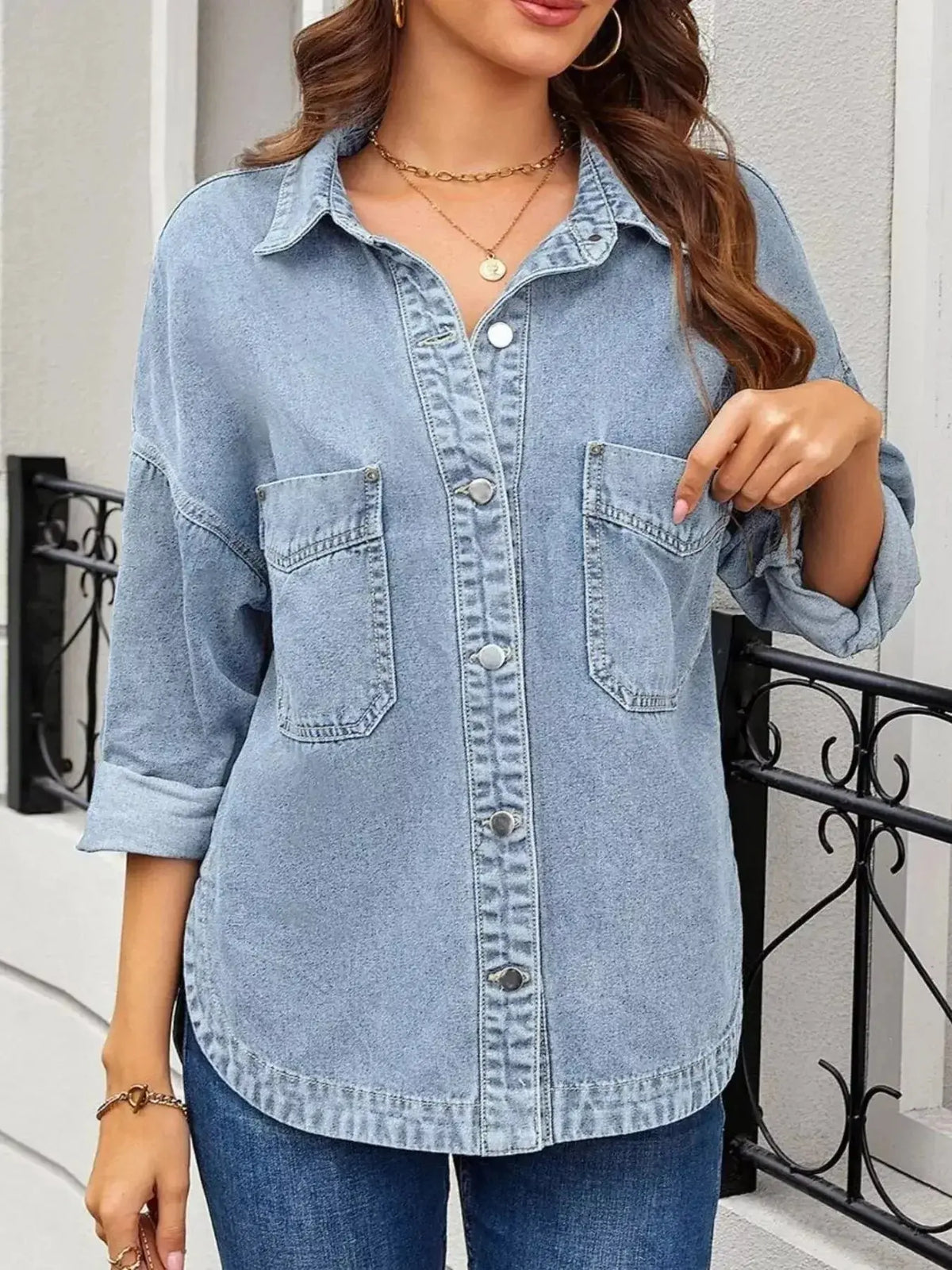 Women’s oversized denim jacket by Plush Fashion Hub, relaxed fit casual outerwear with button-up front and classic denim style.