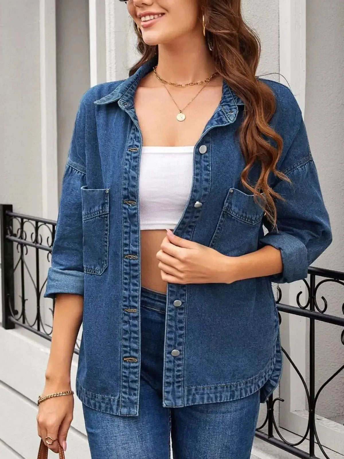 Women’s oversized denim button-up jacket by Plush Fashion Hub, relaxed fit casual outerwear with classic denim styling.