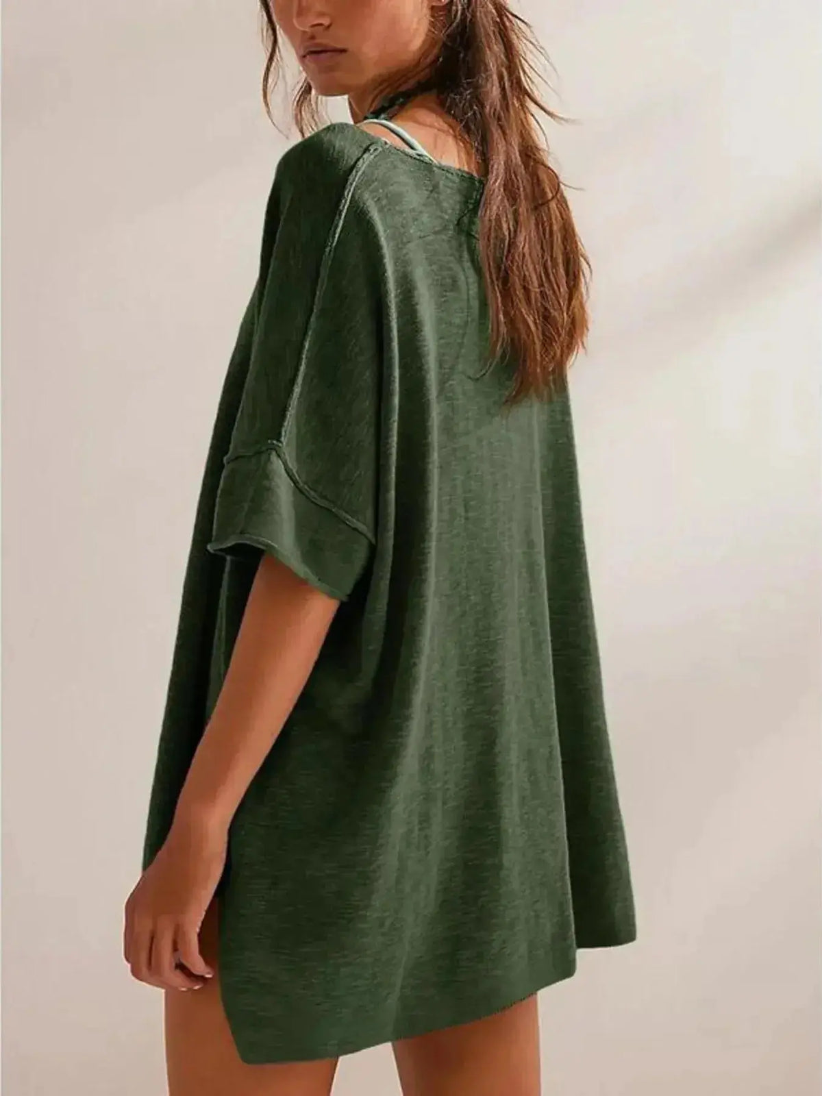 Women’s oversized drop-shoulder round neck casual T-shirt by Plush Fashion Hub, relaxed fit and comfortable for everyday wear.