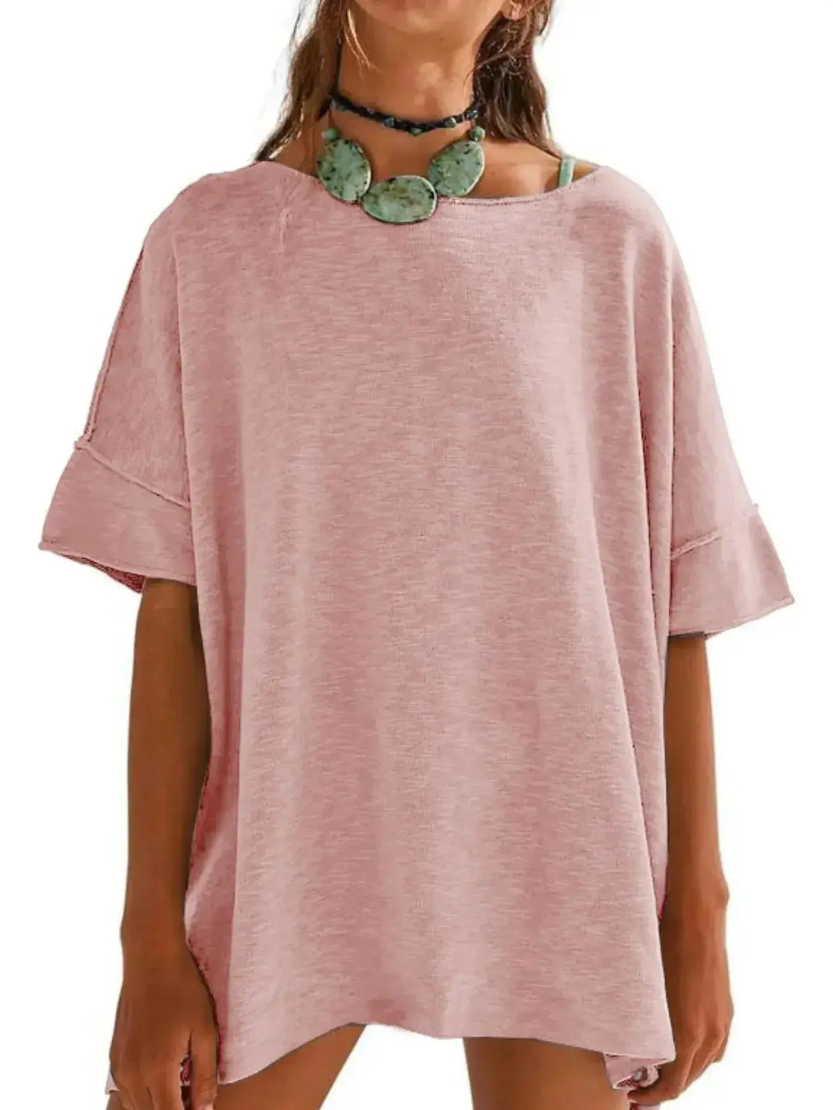 Women’s oversized drop-shoulder round neck casual T-shirt by Plush Fashion Hub, relaxed fit with soft fabric and trendy style.