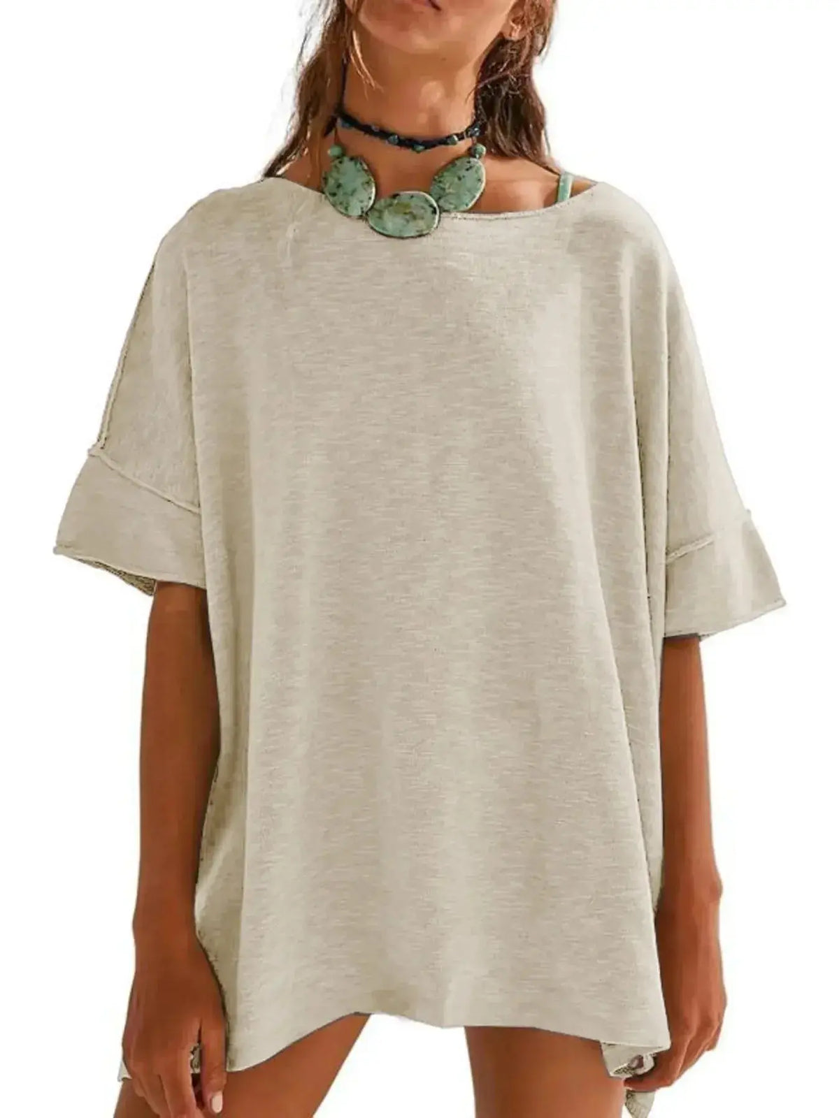 Women’s oversized drop-shoulder round neck casual T-shirt by Plush Fashion Hub, relaxed fit with soft fabric and trendy style.