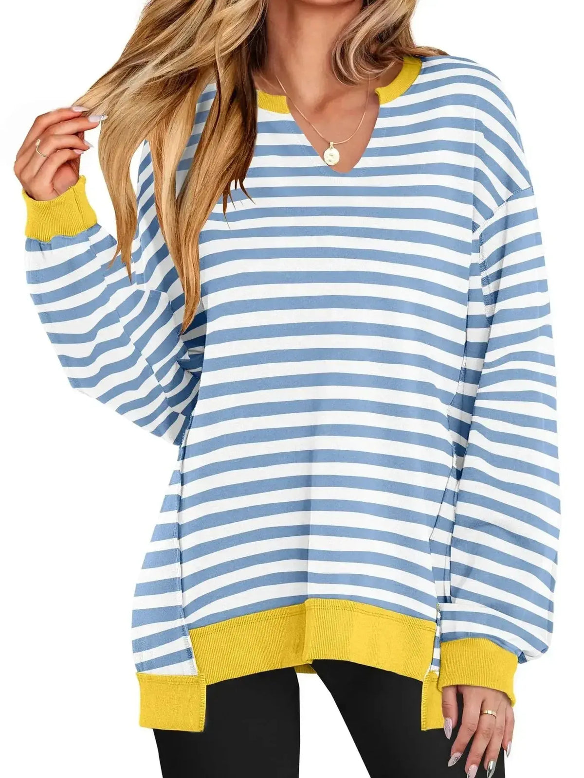 Women’s oversized notched neck sweatshirt with contrast stitching by Plush Fashion Hub, featuring a relaxed fit and stylish design.