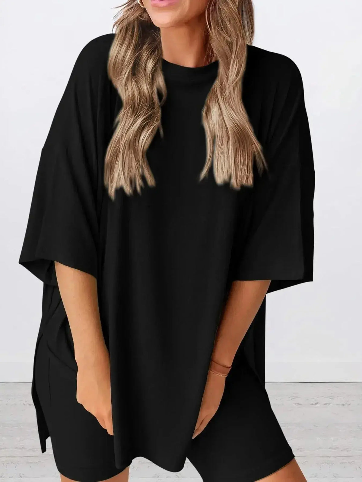 Women’s oversized round neck loungewear set by Plush Fashion Hub, featuring a comfortable two-piece shirt and lounge pants.