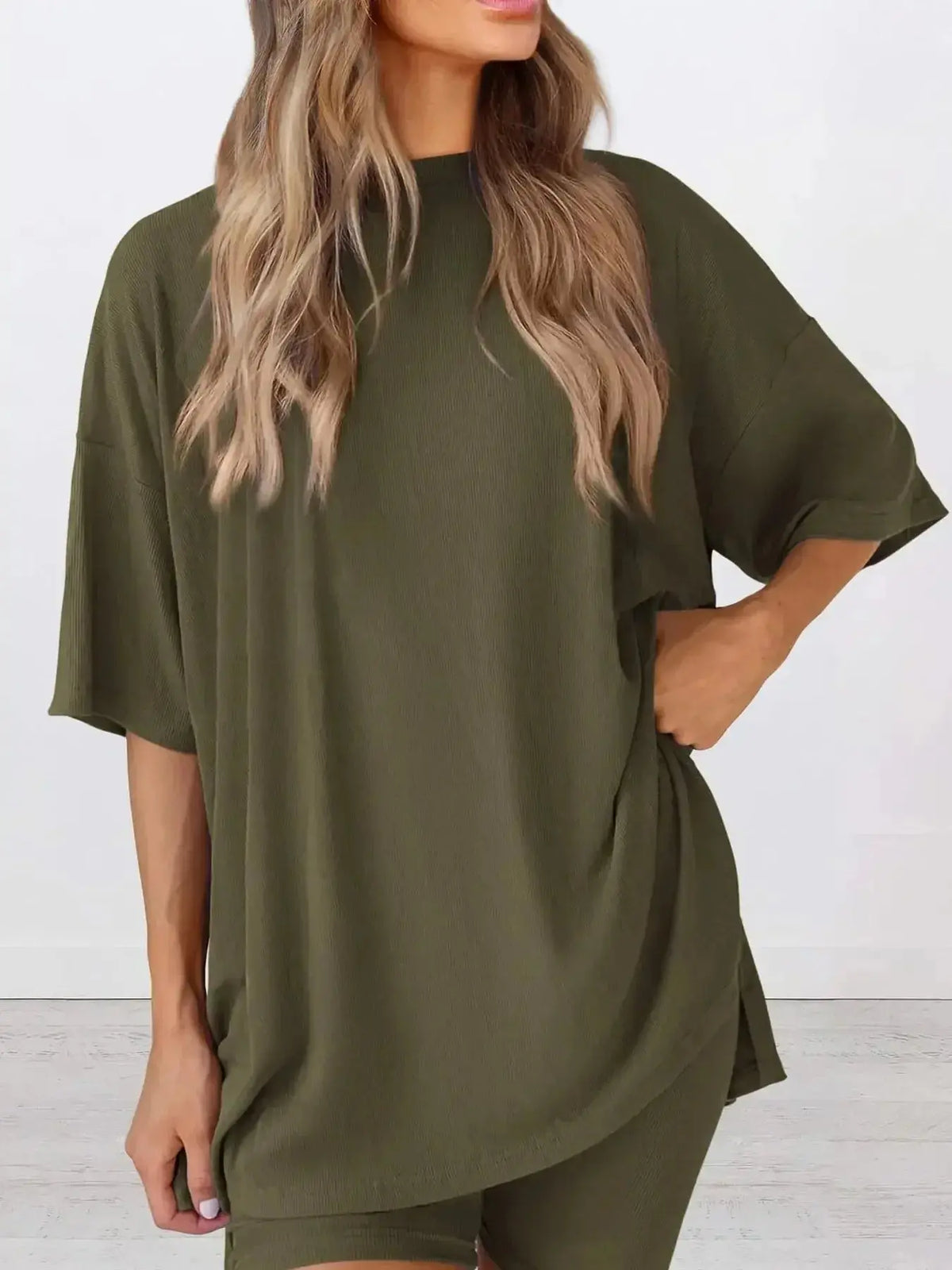 Women’s oversized round neck loungewear shirt from Plush Fashion Hub, comfy two-piece set for relaxed home wear.