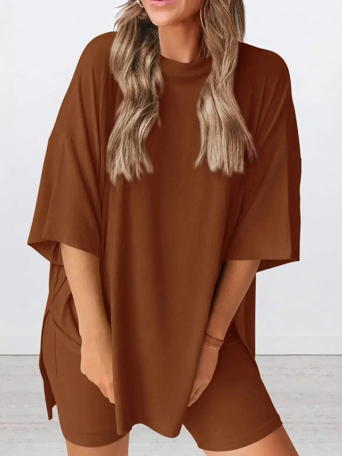 Women’s oversized round neck loungewear set by Plush Fashion Hub, featuring a comfortable two-piece shirt and matching lounge pants.