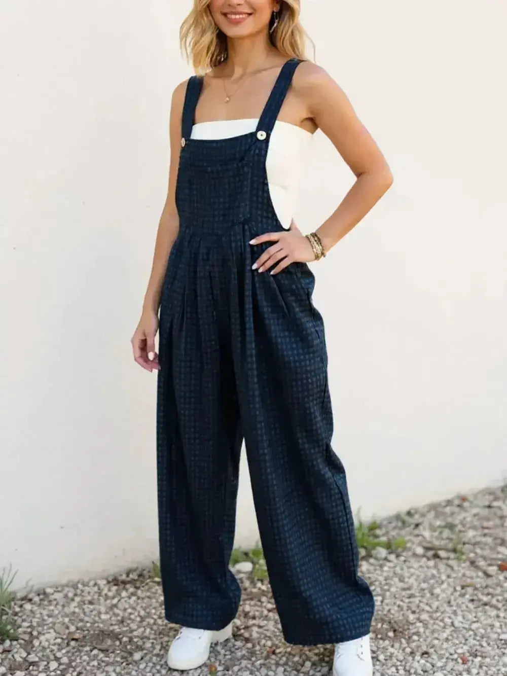 Women’s plaid cotton wide-leg romper with functional pockets, stylish and comfortable overalls by Plush Fashion Hub.