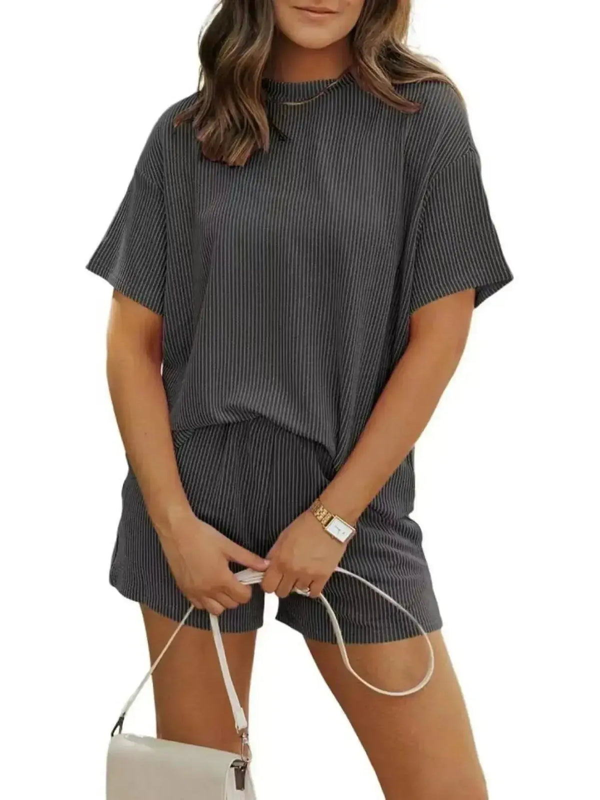 Plus size women's ribbed short sleeve pajama top and shorts lounge set from Plush Fashion Hub, comfortable and stylish sleepwear.