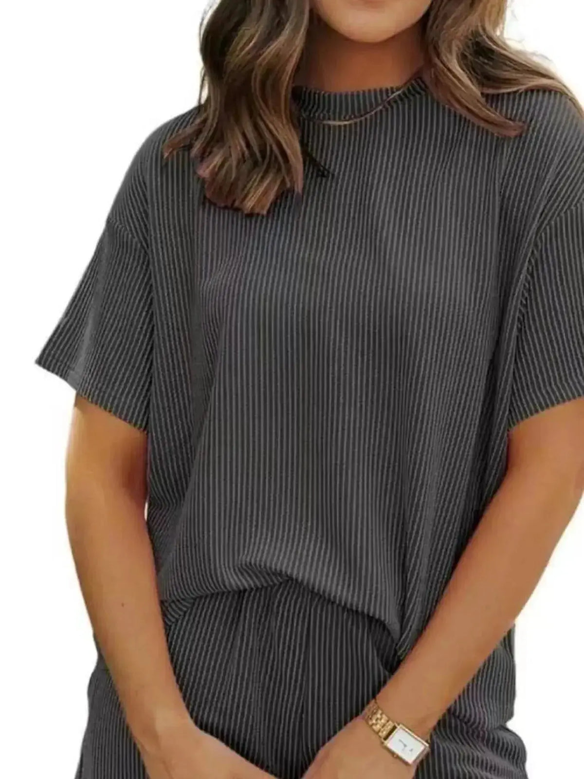 Plus size women's ribbed short sleeve pajama top and shorts lounge set by Plush Fashion Hub, comfortable and cozy sleepwear.