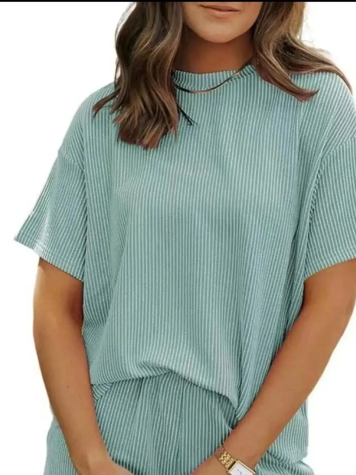Plus size women's ribbed short sleeve pajama top and shorts lounge set by Plush Fashion Hub, comfortable sleepwear for relaxed nights.