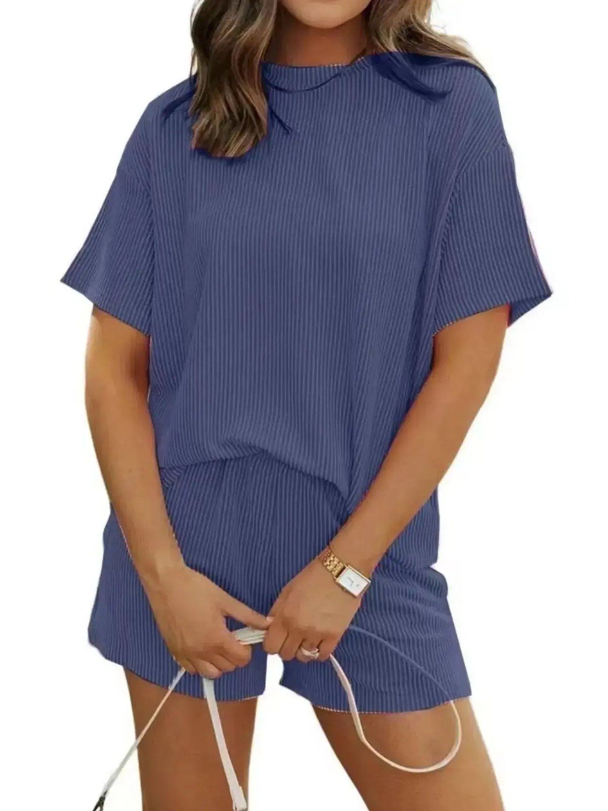 Plus size women's ribbed pajama top and shorts lounge set by Plush Fashion Hub, comfortable sleepwear for relaxed evenings.