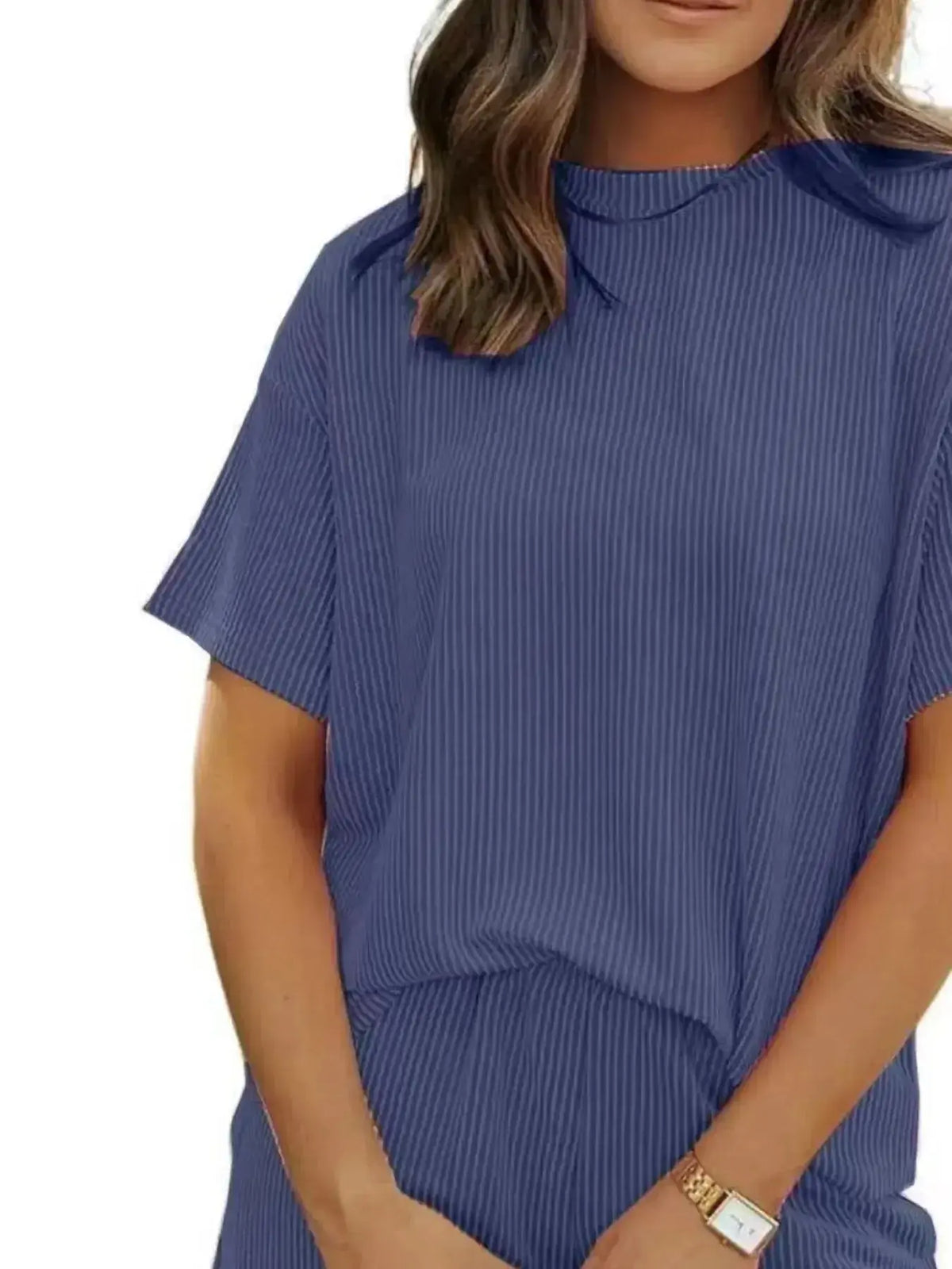 Women’s plus size ribbed pajama top and shorts lounge set by Plush Fashion Hub, featuring short sleeves and comfortable fabric.