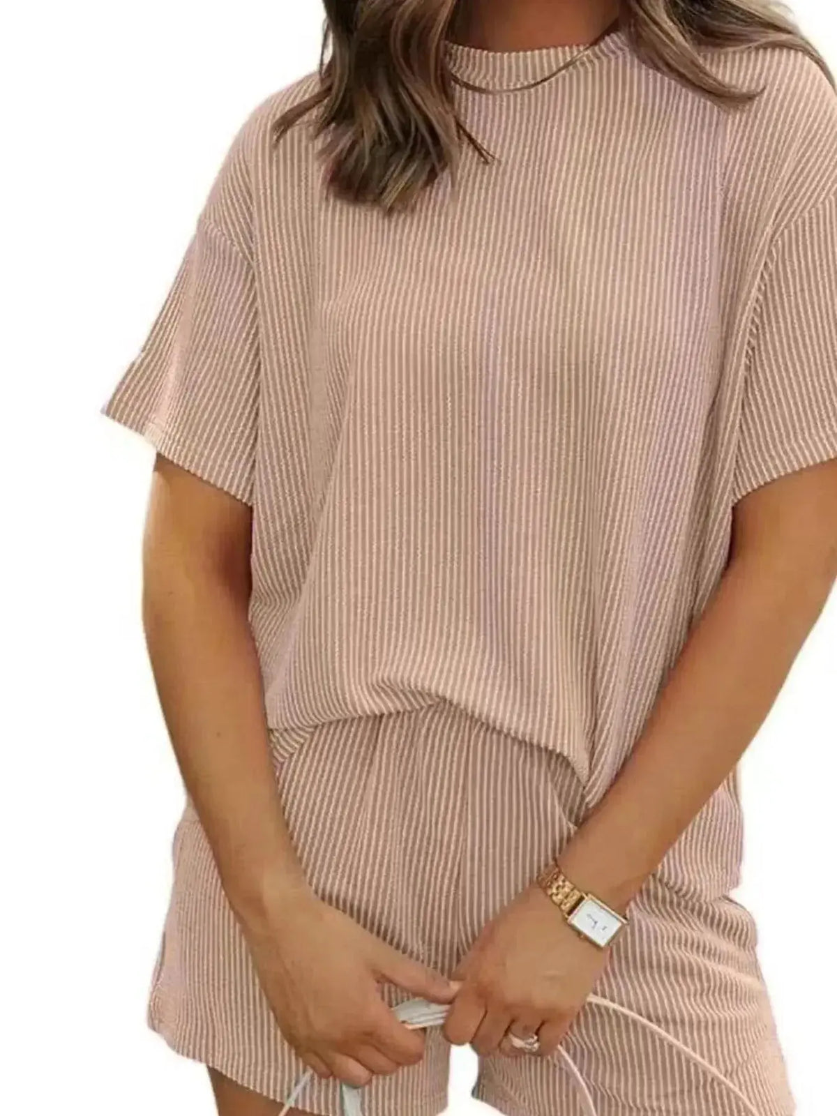 Plus size women's ribbed short sleeve pajama top and shorts lounge set by Plush Fashion Hub, soft and comfortable sleepwear.