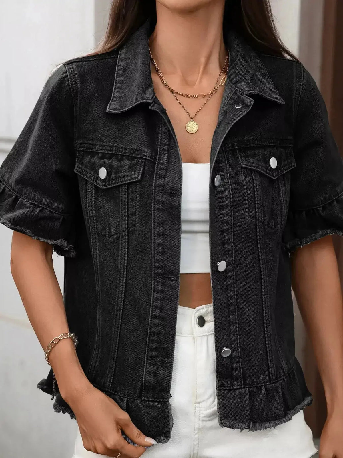 Women’s ruffled raw hem denim jacket by Plush Fashion Hub featuring button-up front and stylish design.