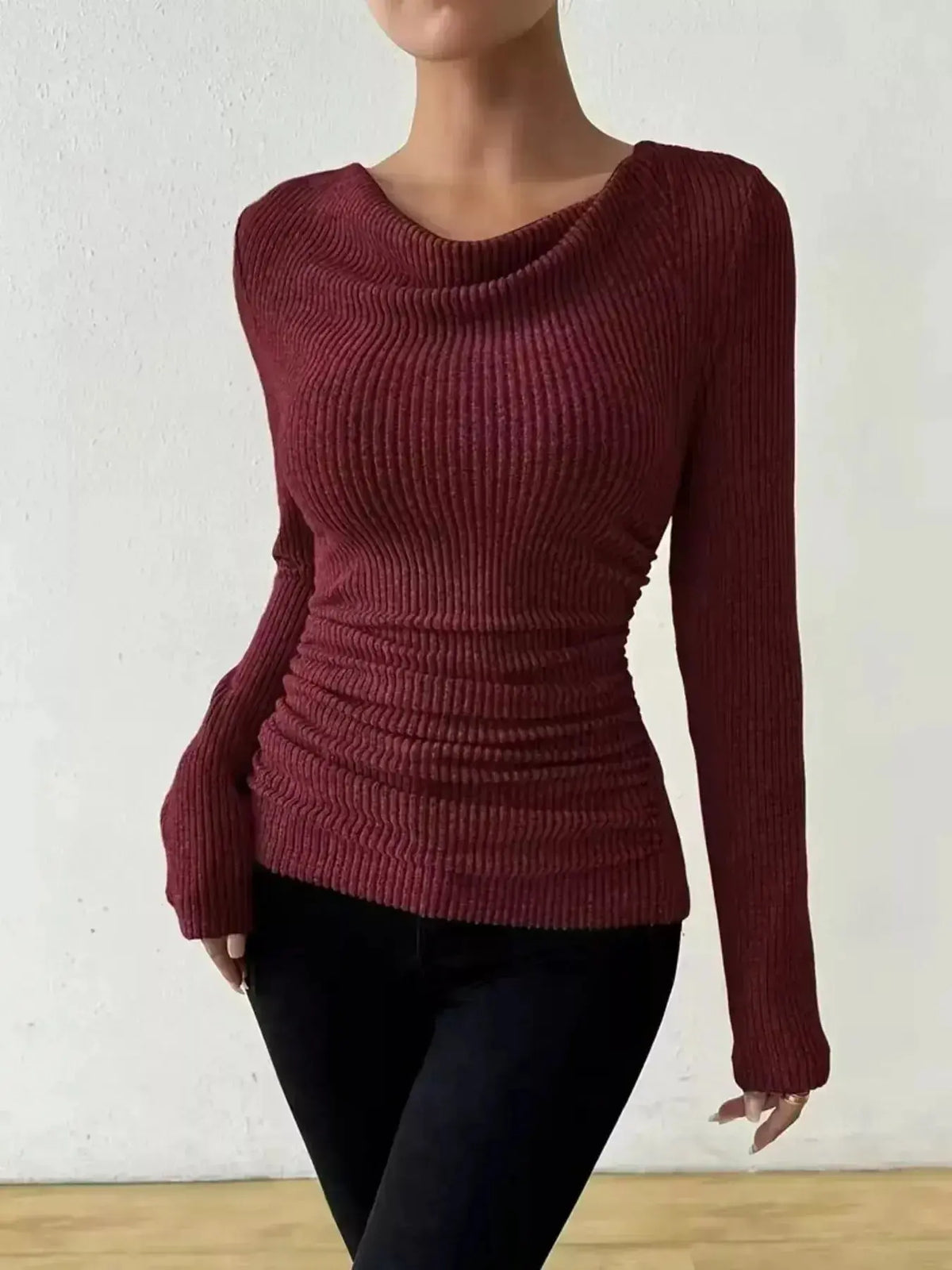 Women’s ribbed cowl neck long sleeve sweater with ruched detail by Plush Fashion Hub, showcasing cozy knit and stylish design.