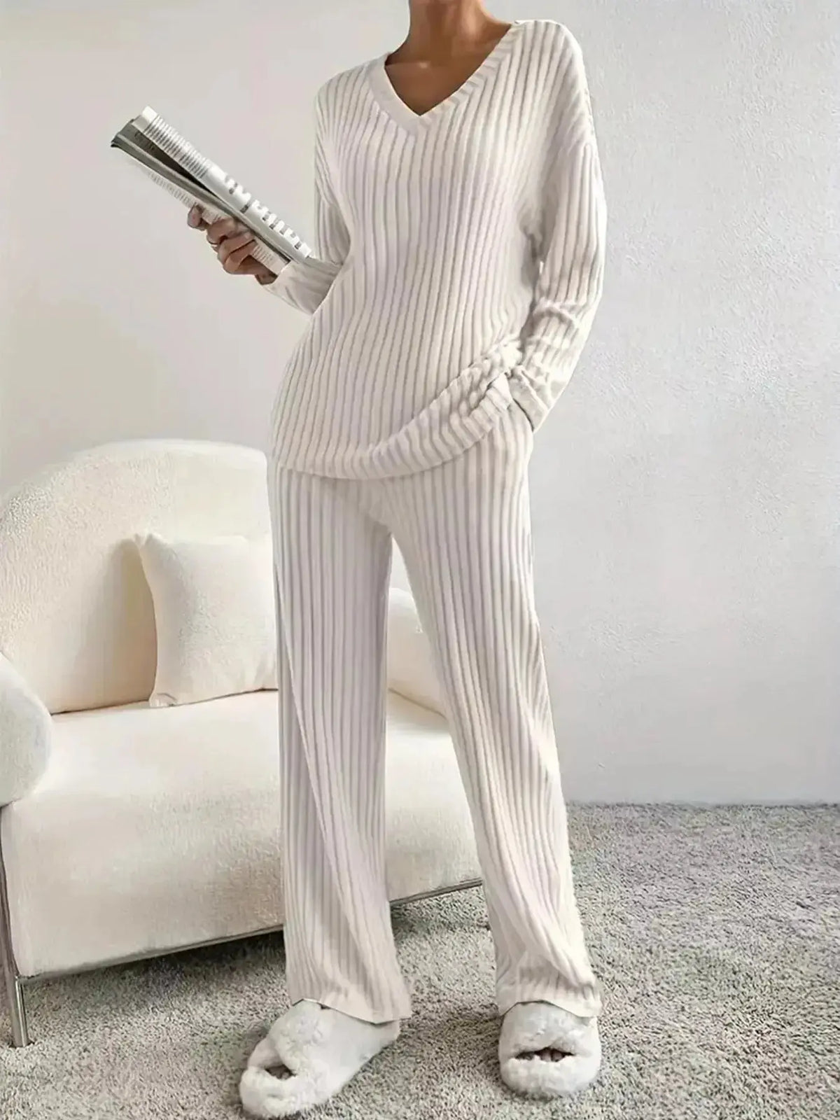 Women’s ribbed knit V-neck lounge set by Plush Fashion Hub, two-piece comfortable matching outfit with relaxed fit.