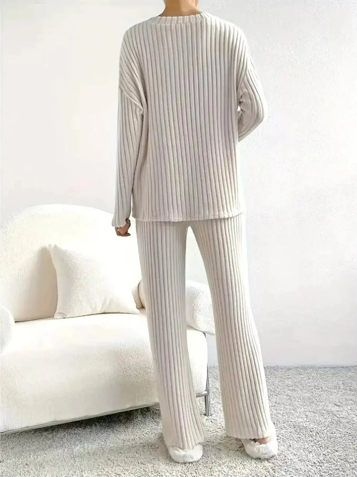 Women’s ribbed knit V-neck lounge set by Plush Fashion Hub, two-piece comfortable matching pant set for relaxed wear.