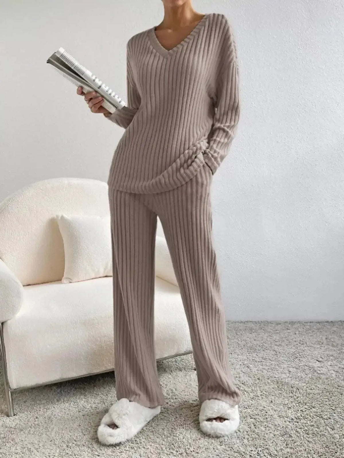 Women’s ribbed knit V-neck lounge set by Plush Fashion Hub, two-piece comfortable matching outfit for relaxed wear.