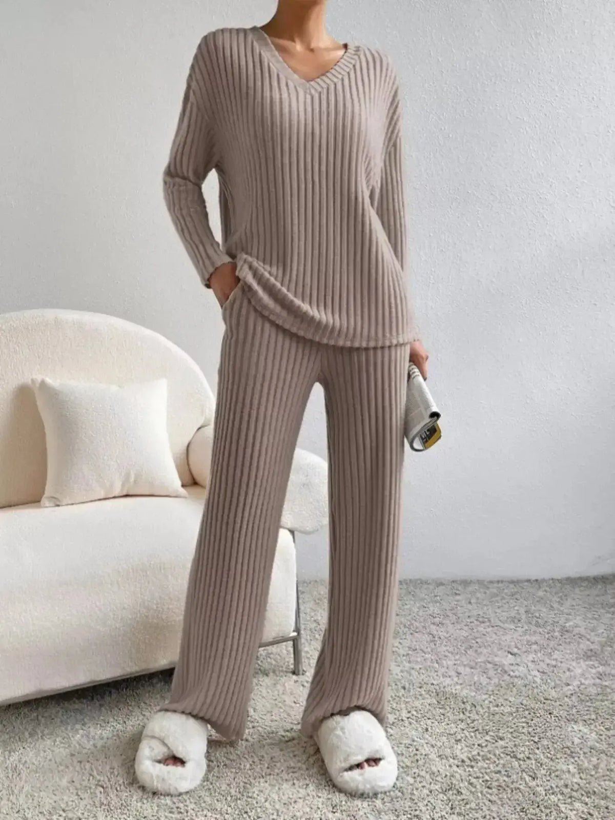 Women’s ribbed knit V-neck lounge set by Plush Fashion Hub, two-piece comfortable matching outfit for relaxed wear.