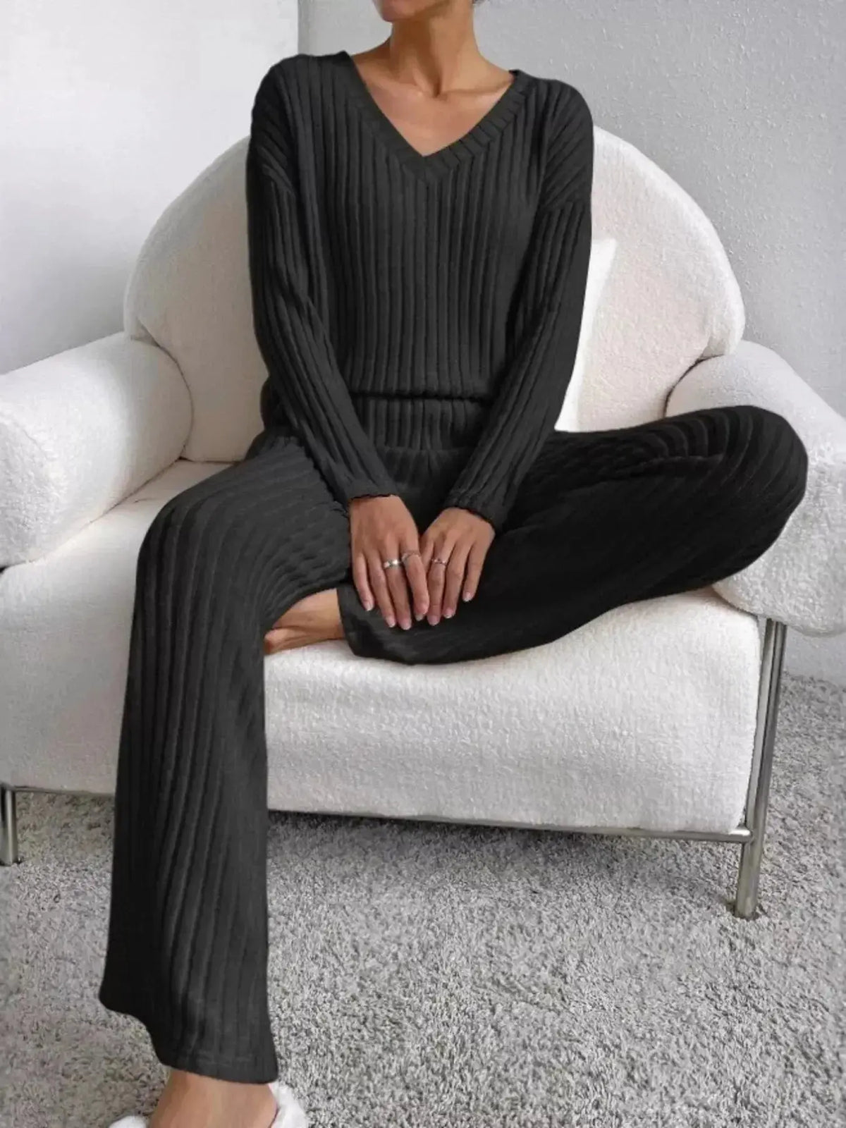 Women’s ribbed knit V-neck lounge set by Plush Fashion Hub, two-piece matching pant set for comfortable casual wear.