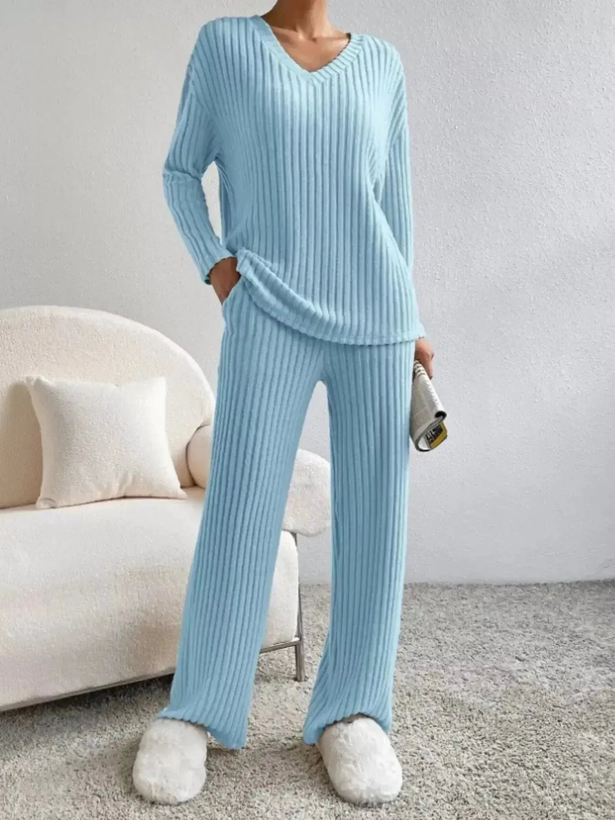 Women’s ribbed knit V-neck lounge set by Plush Fashion Hub, comfortable two-piece matching pant set for relaxed wear.