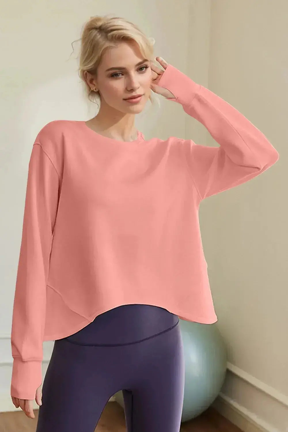Women’s scuba long sleeve round neck sweatshirt by Plush Fashion Hub, minimalist and versatile everyday essential shirt.