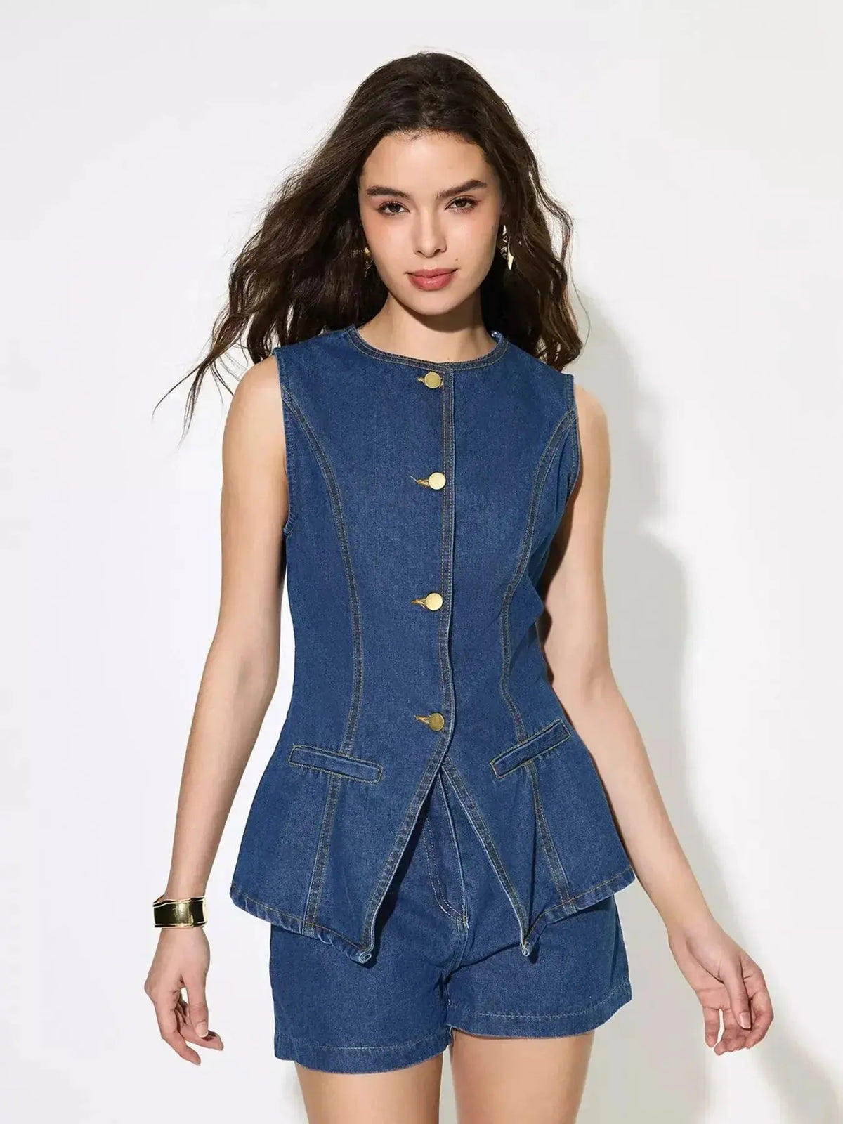 Women’s sleeveless denim button-up top and matching shorts set by Plush Fashion Hub, casual summer outfit with trendy style.