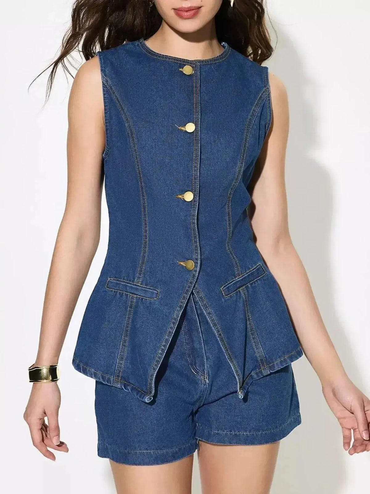 Women’s sleeveless denim button-up top and matching shorts set by Plush Fashion Hub, casual summer outfit with trendy denim fabric.