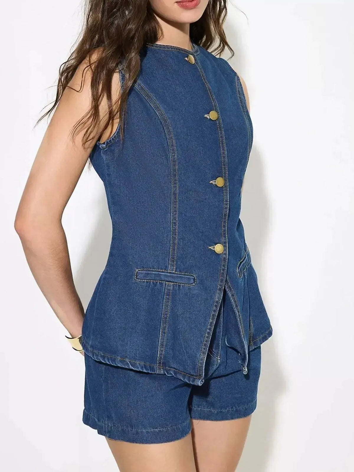 Women’s sleeveless denim button-up top and matching shorts set by Plush Fashion Hub, casual summer outfit with trendy denim fabric.