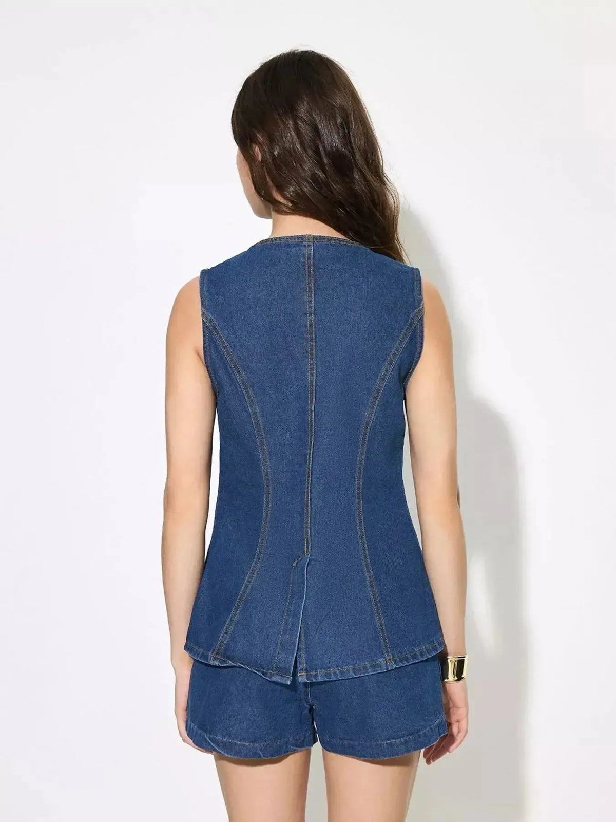 Women’s sleeveless denim button-up top and matching shorts set by Plush Fashion Hub, casual summer outfit with a trendy look.
