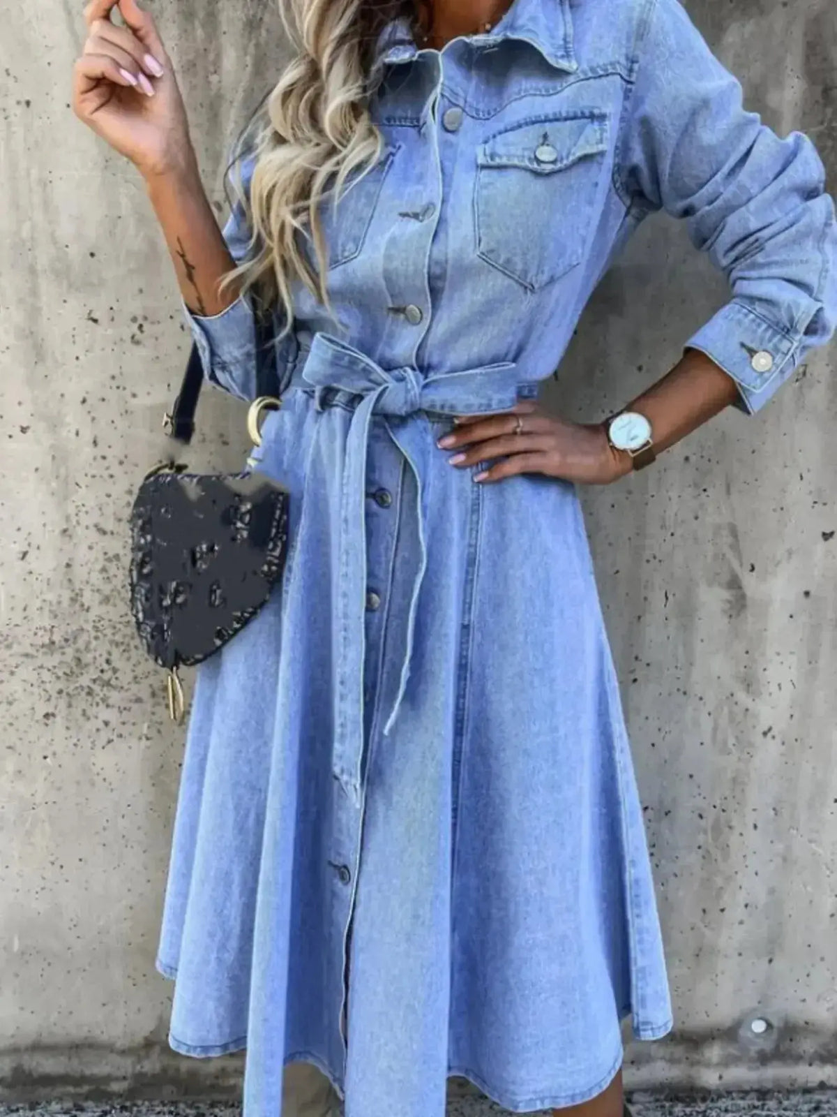 Women’s tie-waist denim shirt dress by Plush Fashion Hub featuring a button-front, casual midi length, perfect for everyday wear.