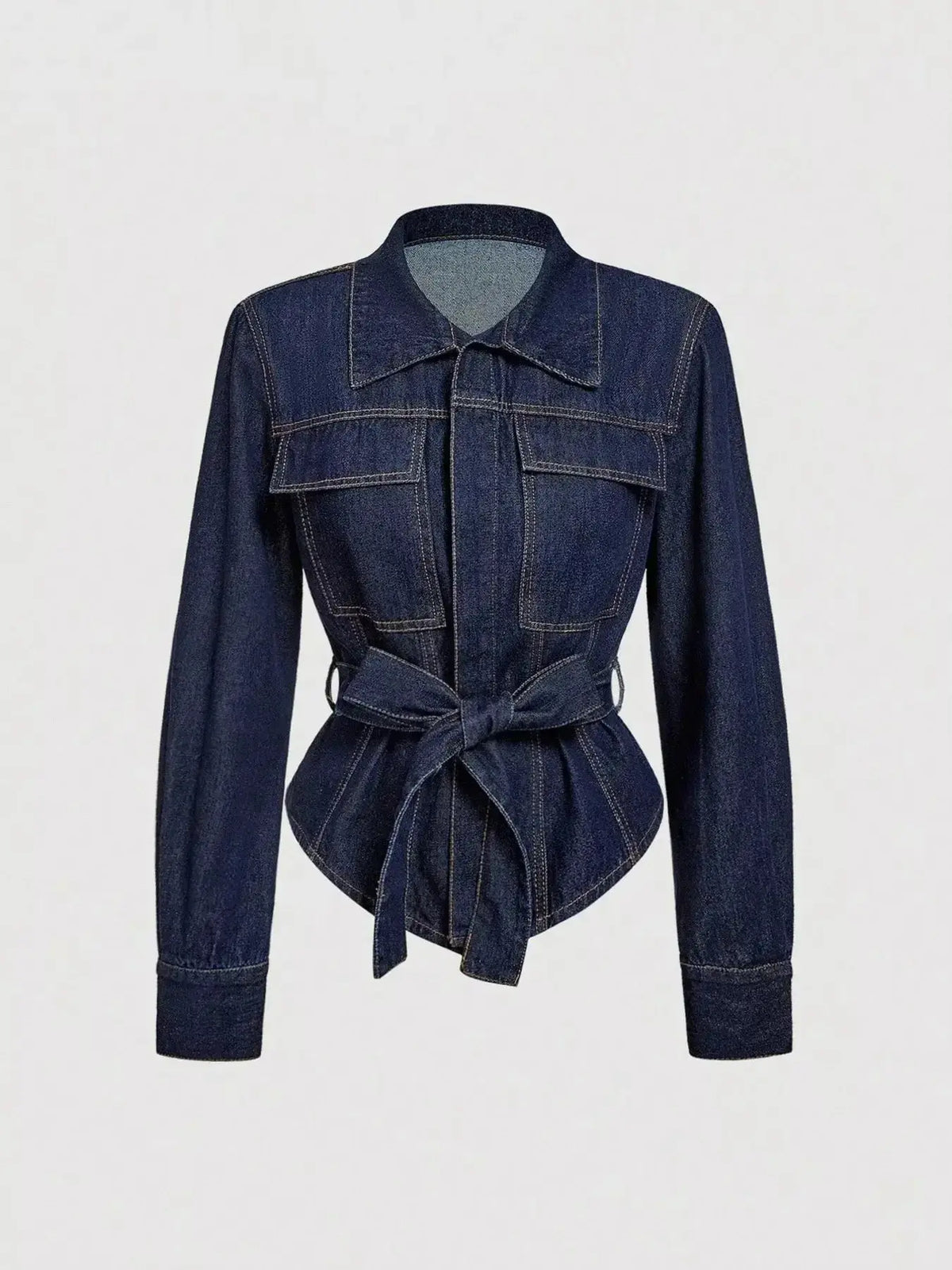 Women's structured cotton blend long sleeve denim jacket with tie waist by Plush Fashion Hub, featuring classic denim styling.