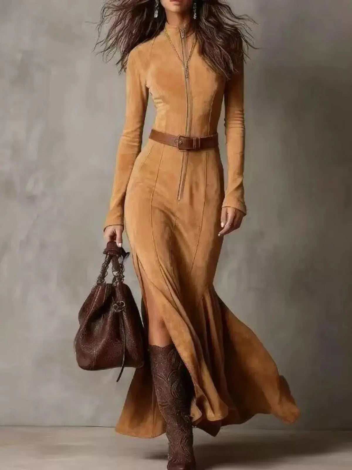 Plus size women's zipper front slit maxi dress by Plush Fashion Hub, elegant casual evening dress with a flowing silhouette.