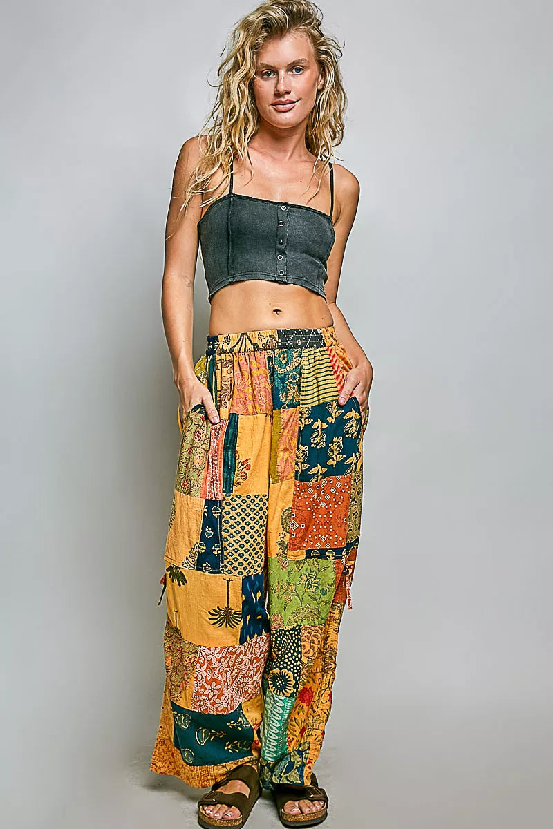 Cotton printed patchwork wide-leg pants with side drawstring, stylish and comfortable fashion from Plush Fashion Hub.