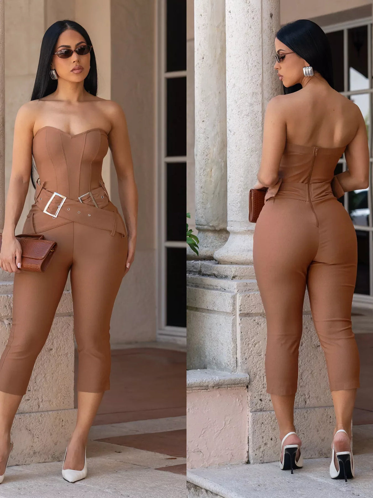 Plush Fashion Hub belted tube skinny jumpsuit in black, showing fitted design and waist belt on a model.