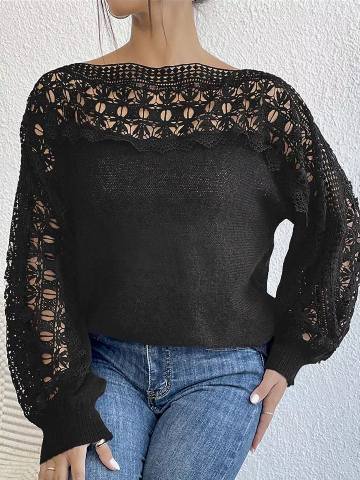 Crochet long sleeve sweater by Plush Fashion Hub featuring intricate knit pattern and cozy fit, shown in natural beige color.