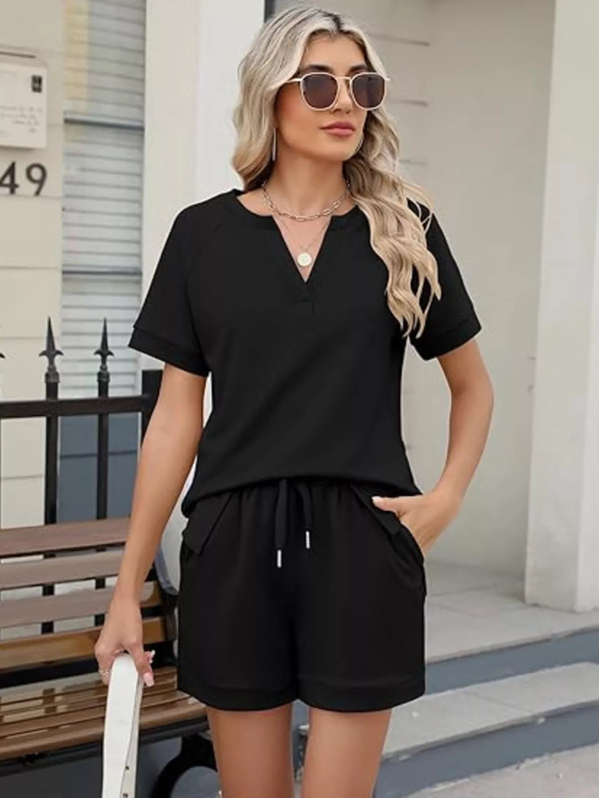Solid color short sleeve top and shorts two-piece set by Plush Fashion Hub, casual summer apparel for women.