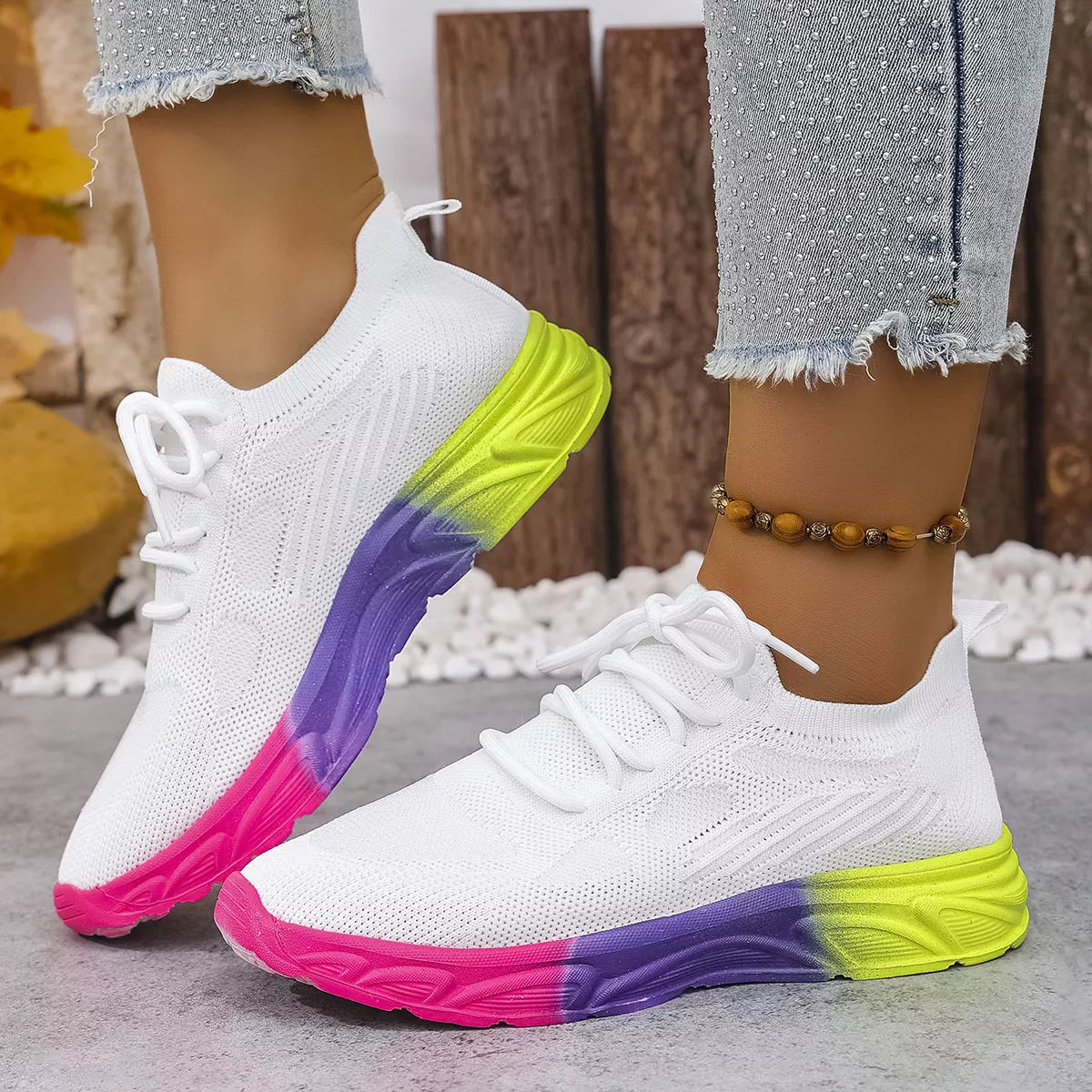 Plush Fashion Hub lace-up round toe sneakers with white and black design, featuring classic sneaker style and comfortable sole.
