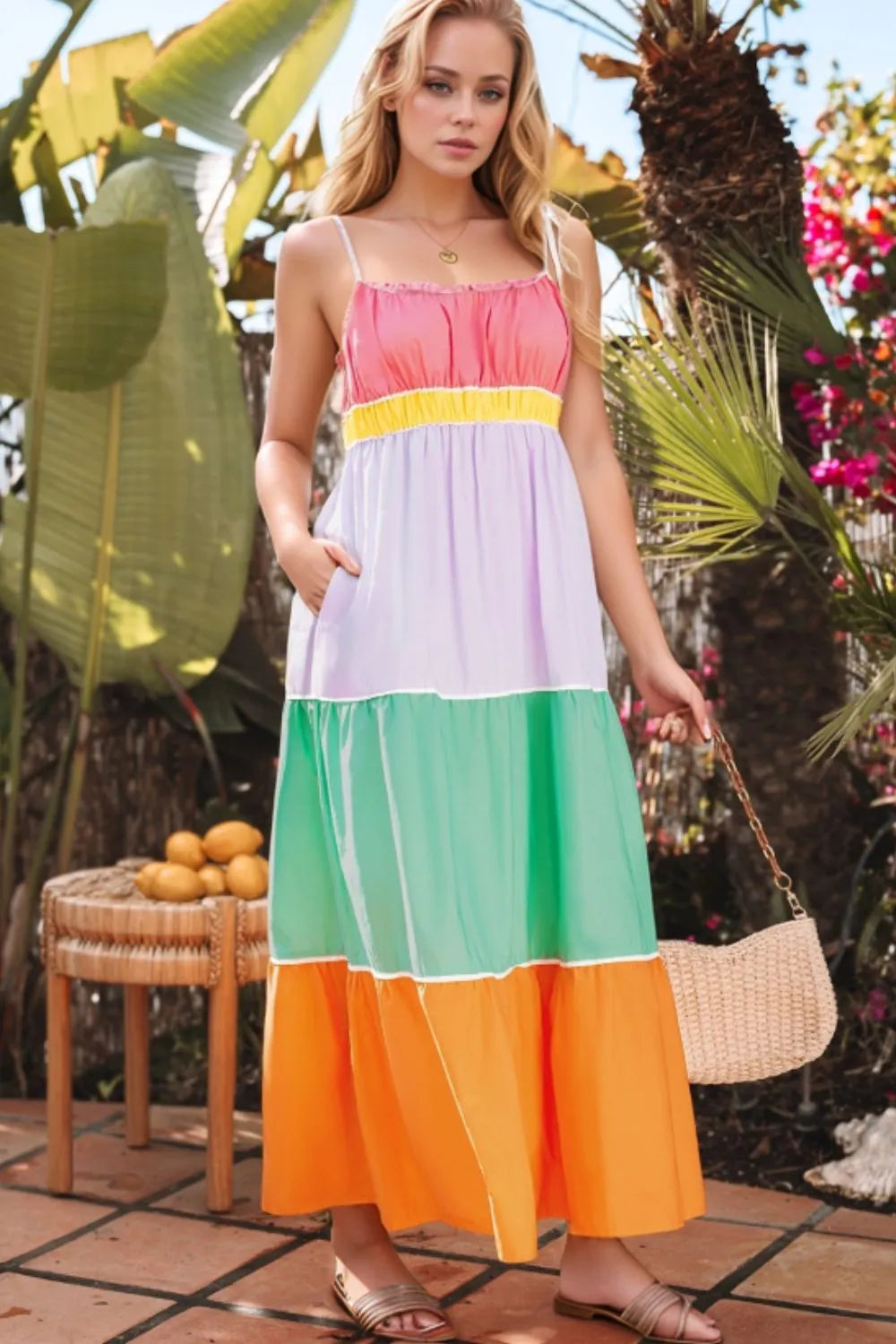 Women’s cotton color block tiered maxi dress with pockets, featuring a relaxed fit and vibrant design from Plush Fashion Hub.