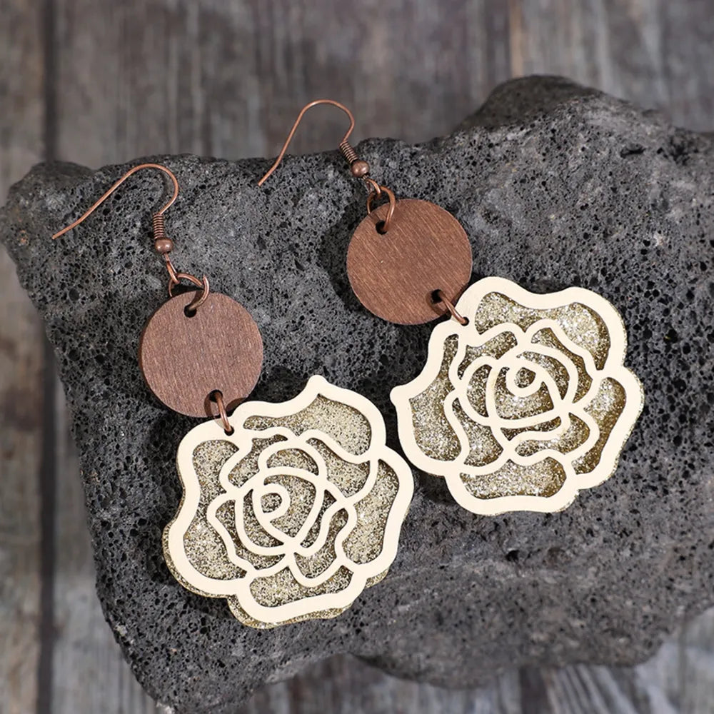 Wooden alloy rose-shaped dangle earrings featuring intricate floral design, perfect for stylish fashion accessories.