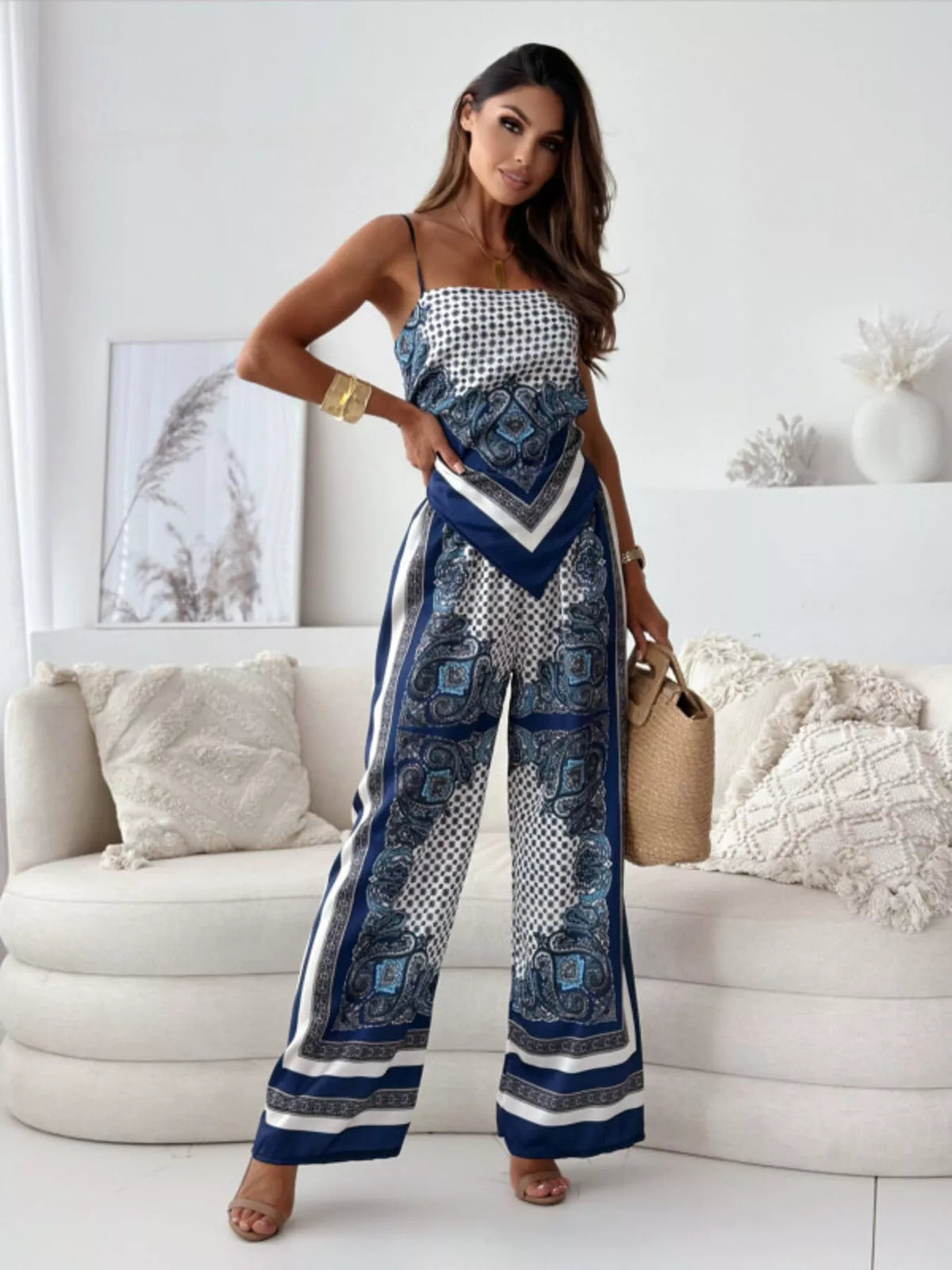 Printed cami and wide-leg pants loungewear set by Plush Fashion Hub, featuring a comfortable cami top and flowy pants.