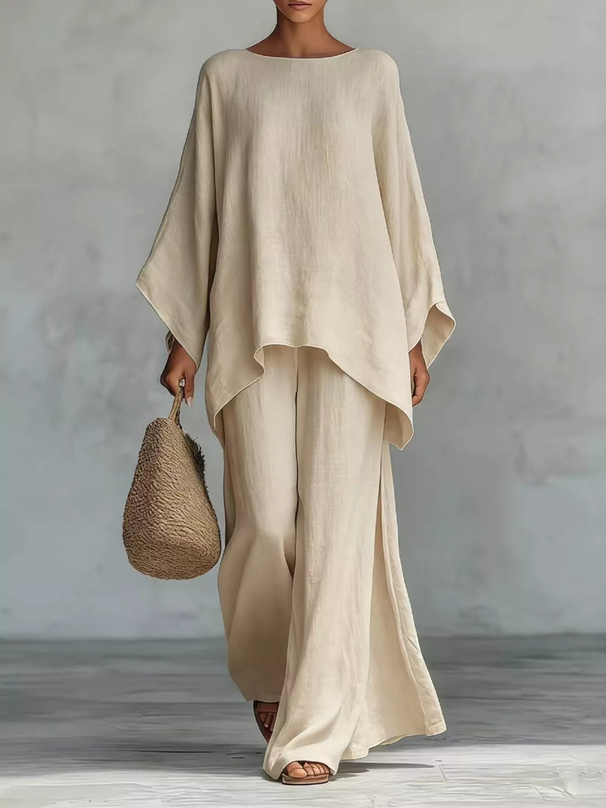 Plus size round neck top and wide-leg pant set by Plush Fashion Hub, featuring a comfortable, stylish matching outfit.