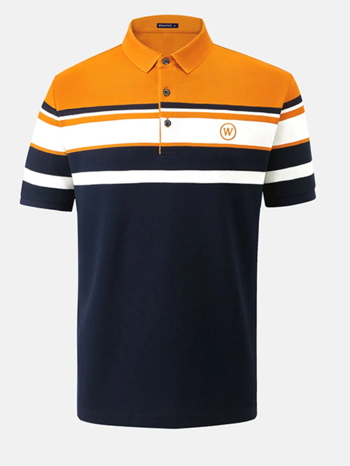 Men's plus size color block striped polo shirt by Trendsi featuring short sleeves and bold striped pattern.
